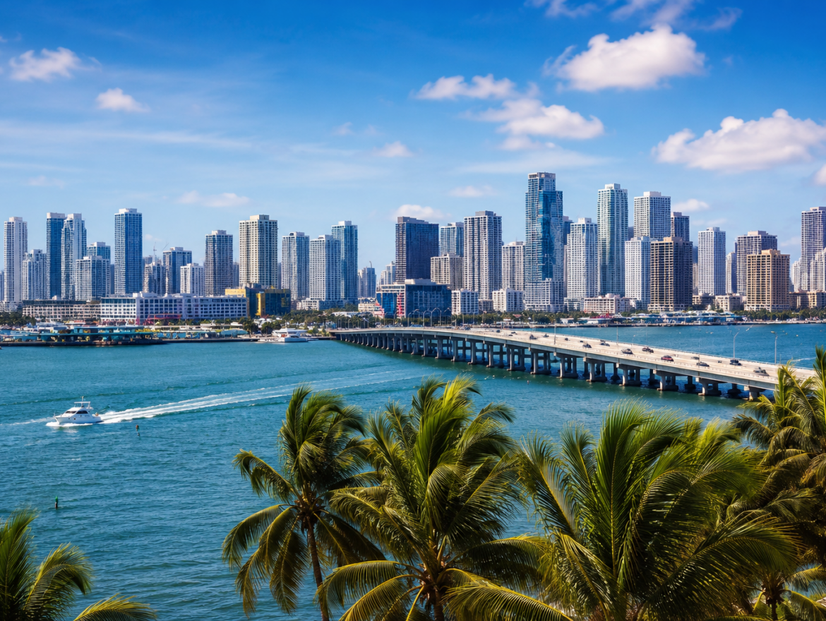 Realistic photo of the Miami skyline, Biscayne Bay, palm trees, and bridge for a federal defense attorney blog post.