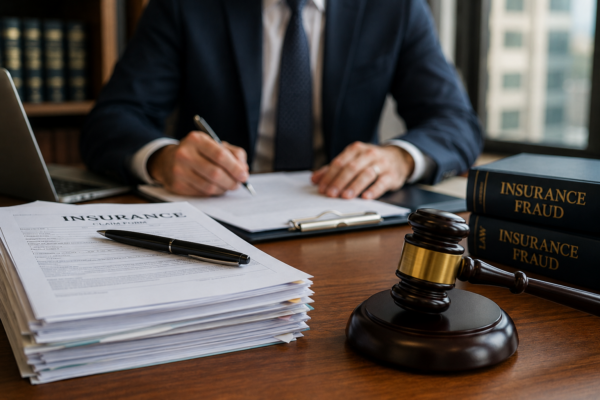 Insurance fraud defense attorney in Miami reviewing claim documents with legal books and gavel on desk.