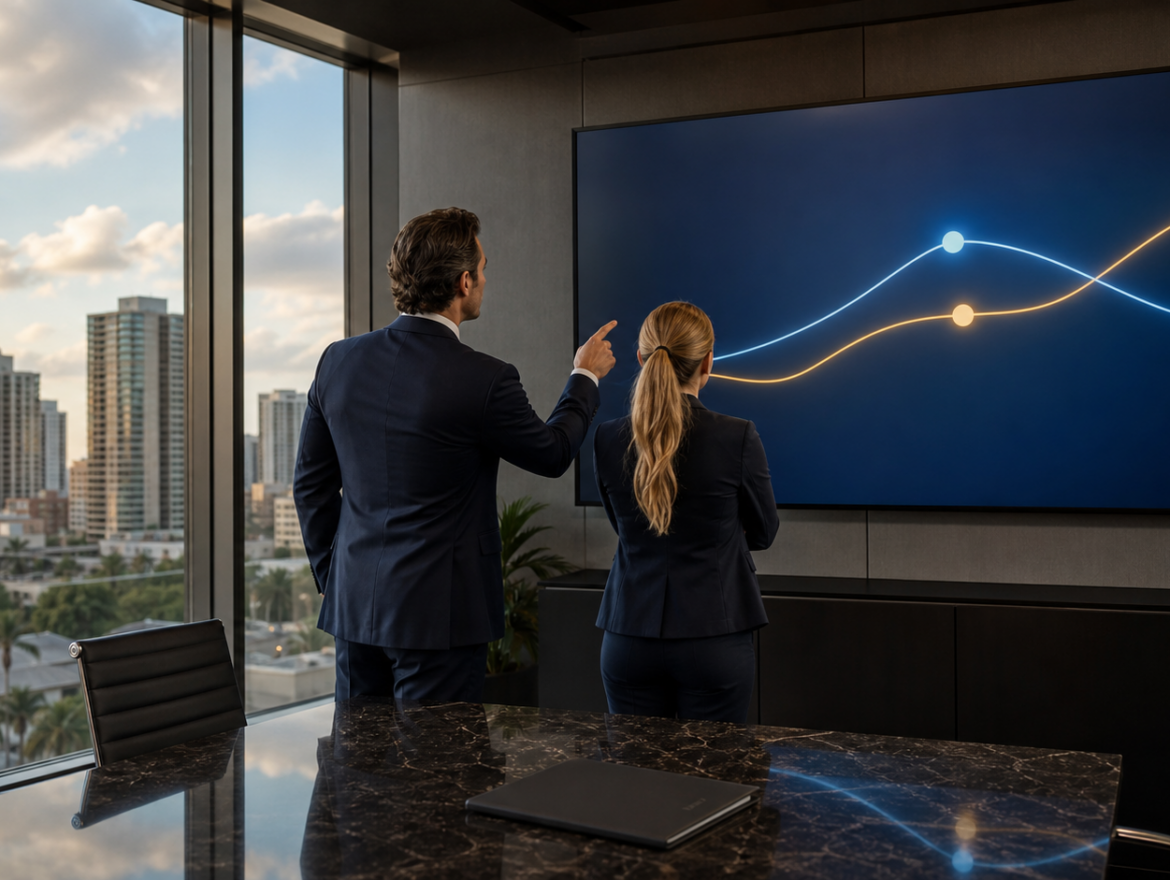 Defense attorney and financial analyst reviewing an abstract market visualization in Coral Gables