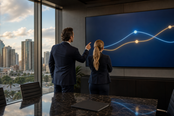 Defense attorney and financial analyst reviewing an abstract market visualization in Coral Gables