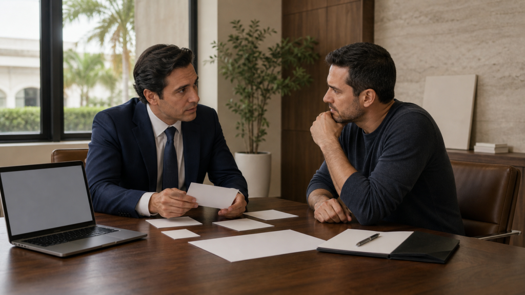 Attorney and client reviewing a self-defense case during a confidential consultation