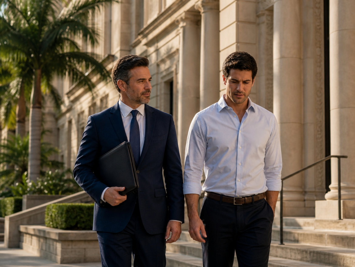 Criminal defense attorney consulting with a client about self-defense in Coral Gables