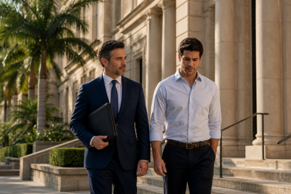Criminal defense attorney consulting with a client about self-defense in Coral Gables