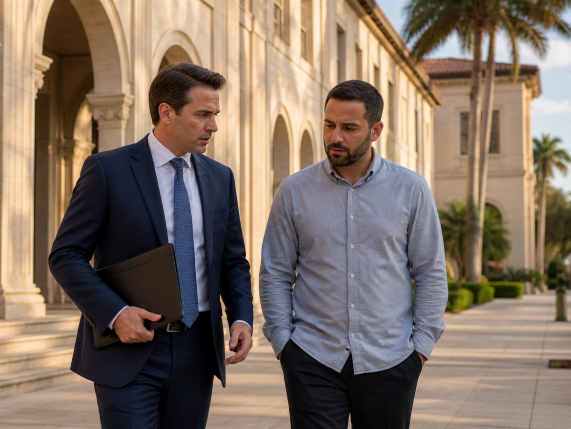 Criminal defense attorney consulting with a client about drug trafficking charges in Coral Gables