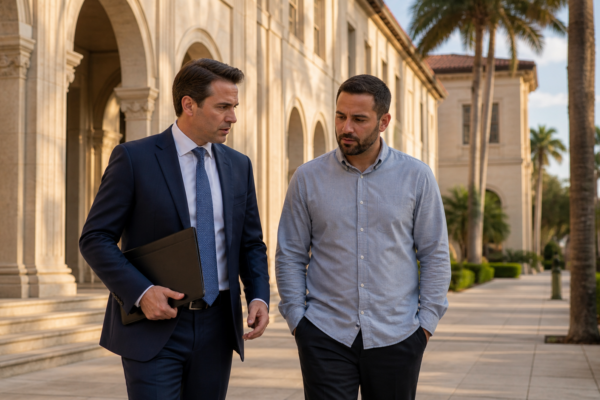 Criminal defense attorney consulting with a client about drug trafficking charges in Coral Gables