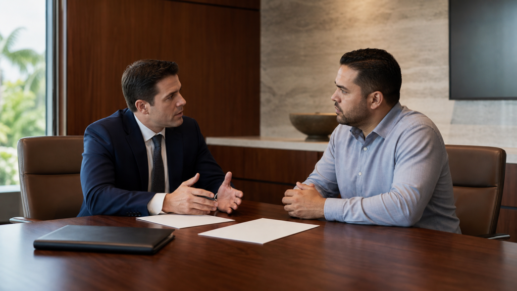 Attorney and client discussing drug trafficking charges in Coral Gables during a confidential consultation