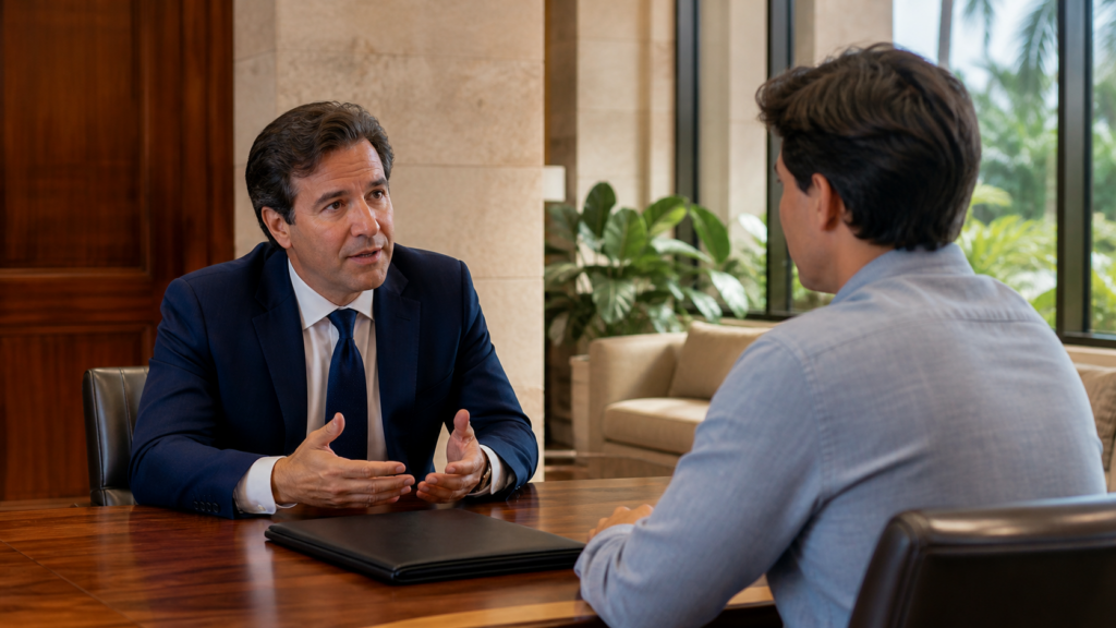 Attorney explaining next steps during a criminal defense consultation in Coral Gables