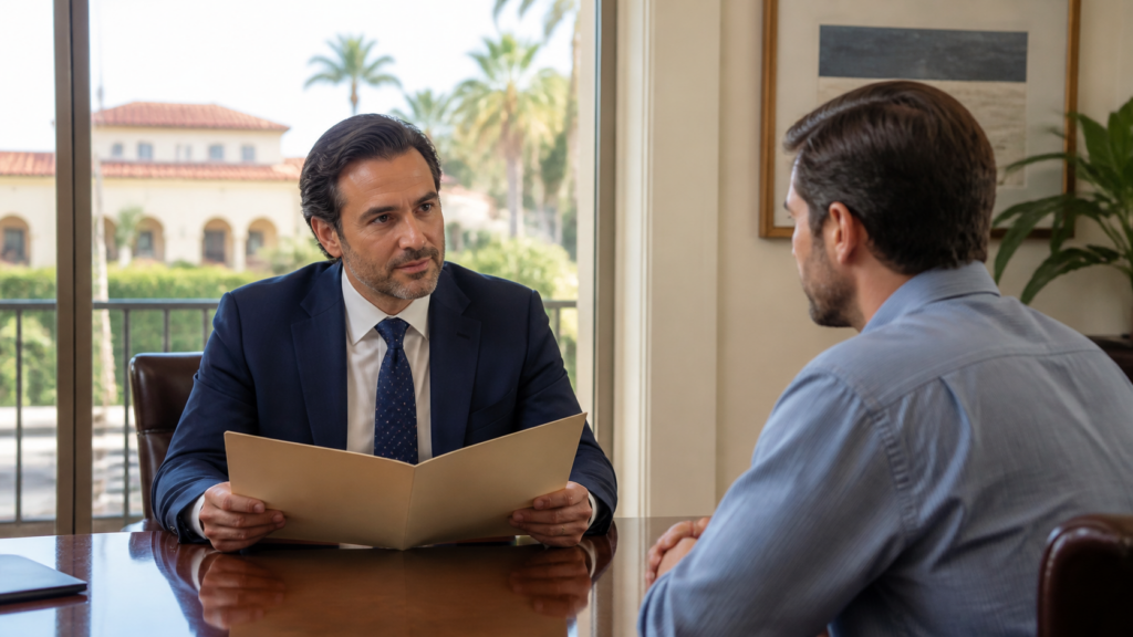 Criminal defense lawyer consulting with a client after an arrest in Coral Gables