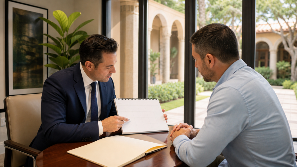 Attorney and client discussing next steps after a resisting arrest charge in Miami