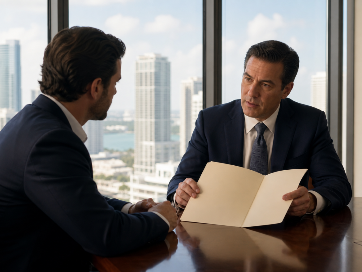 Attorney consulting with a client about a federal criminal investigation in Miami