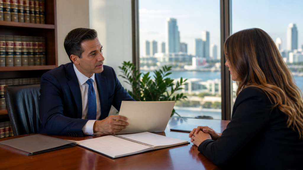 Attorney and client reviewing next steps in a Miami federal criminal investigation