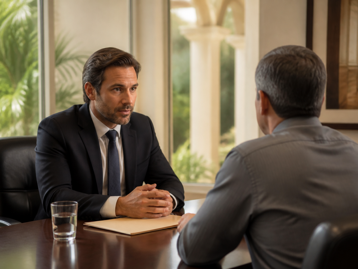 Attorney speaking with a client about a sex crime investigation in Coral Gables