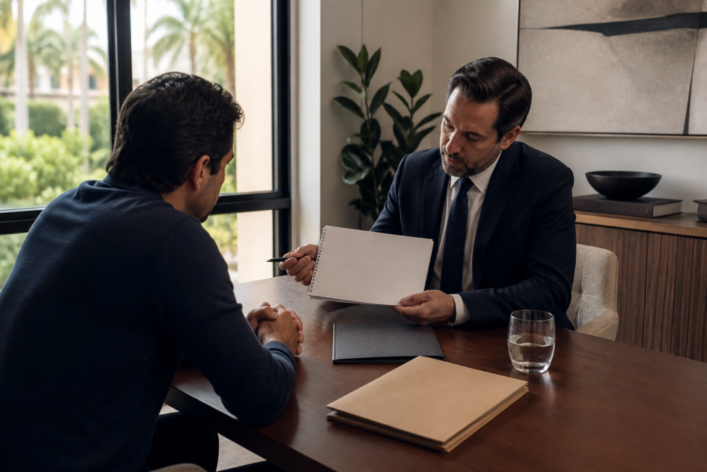 Attorney and client discussing next steps in a Coral Gables sex crime investigation