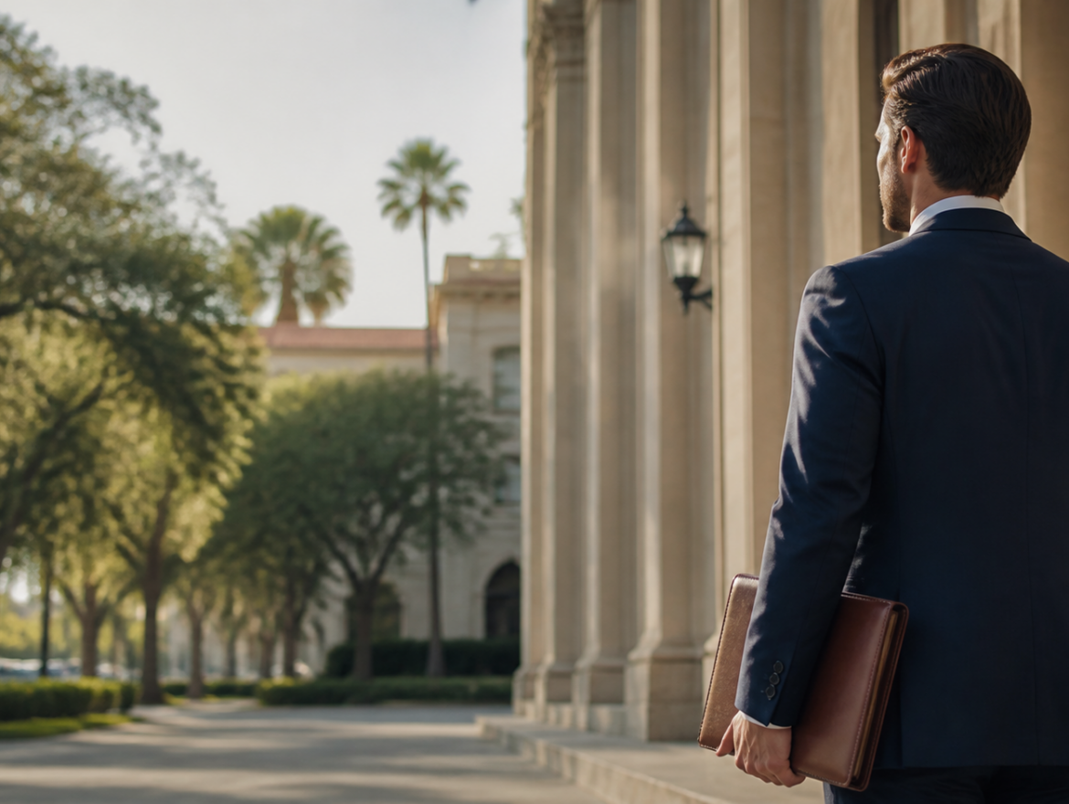 Coral Gables criminal defense attorney reviewing a legal case outside a courthouse