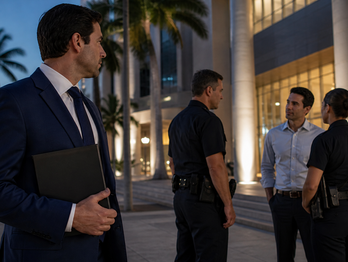 Criminal defense lawyer observing a calm police interaction outside a Miami courthouse