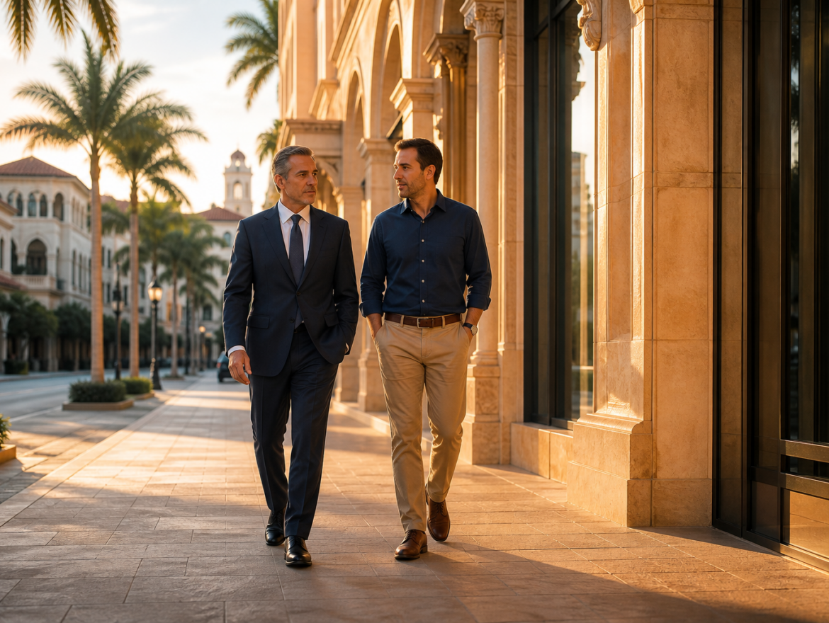 Attorney walking with a business owner during a PPP fraud investigation in Coral Gables