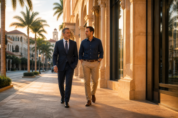 Attorney walking with a business owner during a PPP fraud investigation in Coral Gables