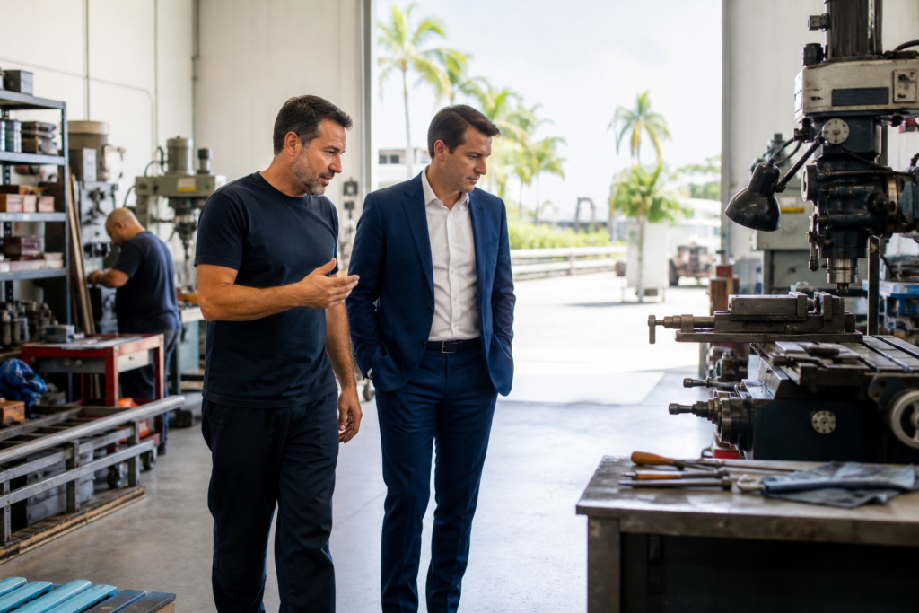 Attorney touring a small business with an owner during a PPP investigation