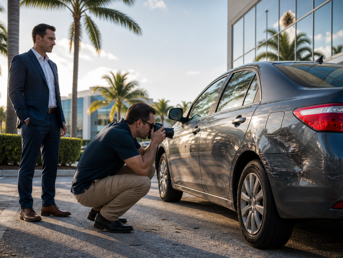 Attorney observing a vehicle inspection during an insurance fraud investigation in Miami