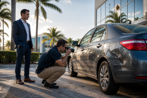 Attorney observing a vehicle inspection during an insurance fraud investigation in Miami