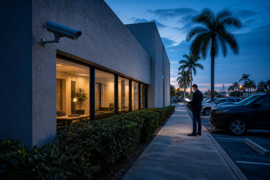 Commercial property and security camera representing an insurance investigation in Miami