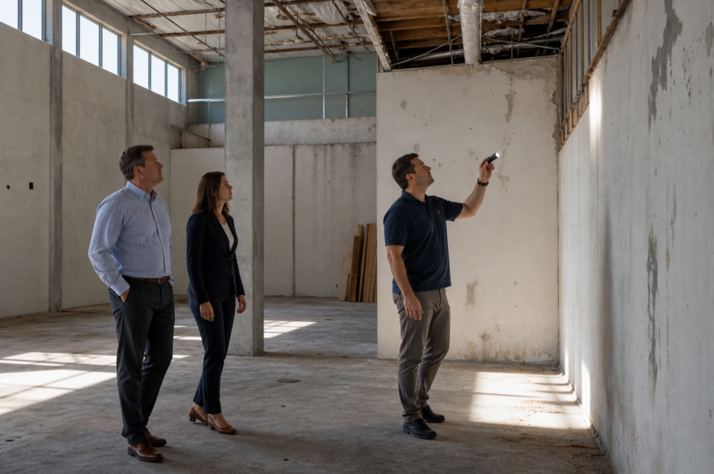 Attorney and inspector examining a damaged commercial property during an insurance investigation