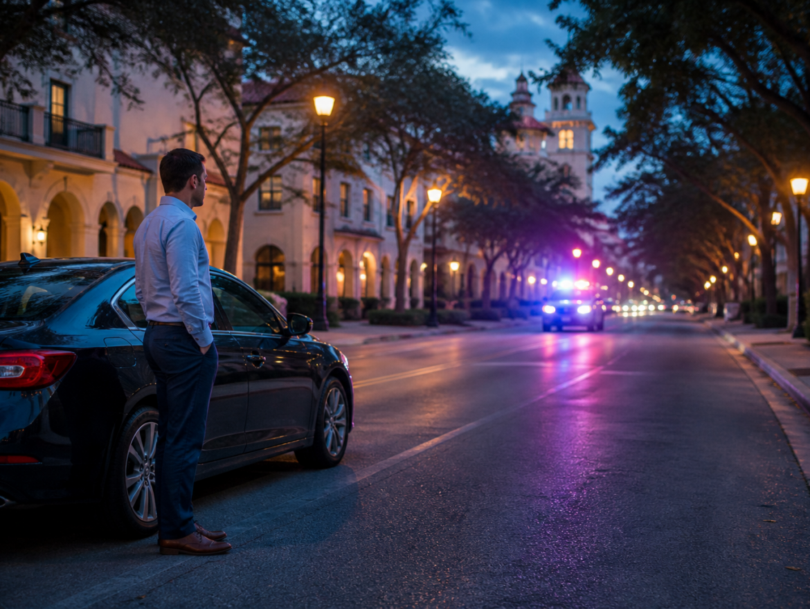 Person beside a car on a Coral Gables street after an arrest