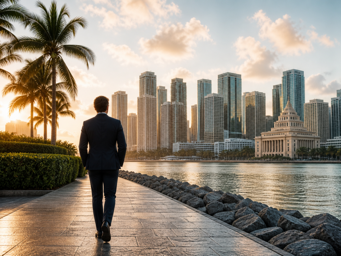 Person walking toward the Miami skyline while considering criminal defense options