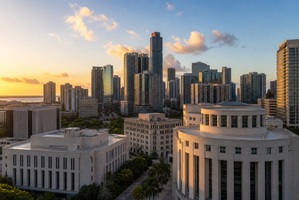 Miami skyline and civic buildings representing state and federal criminal defense planning