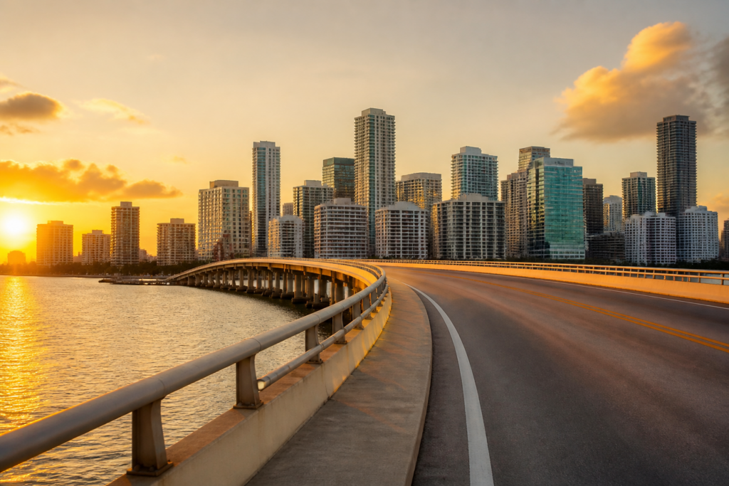 Miami bridge leading toward the skyline representing a path through a criminal case