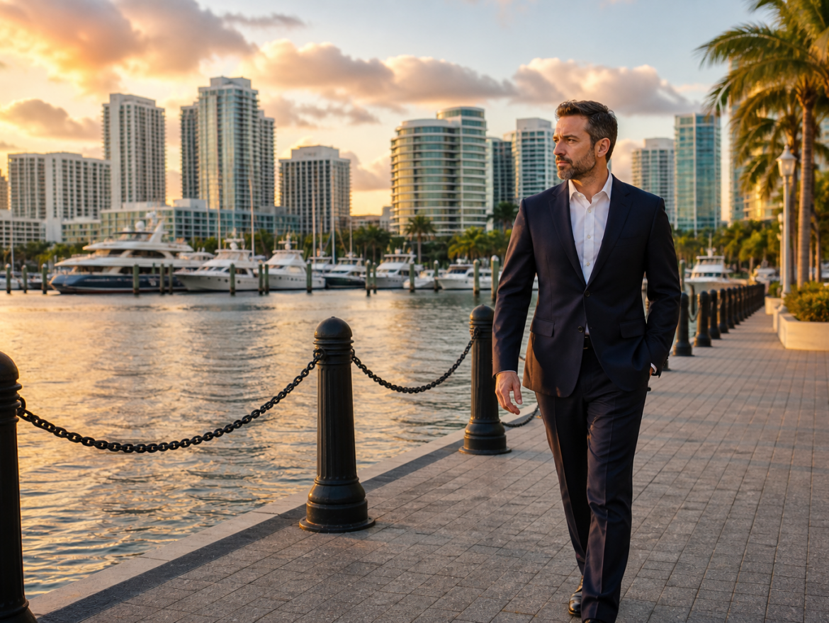 Professional walking along the Fort Lauderdale waterfront during a white-collar investigation
