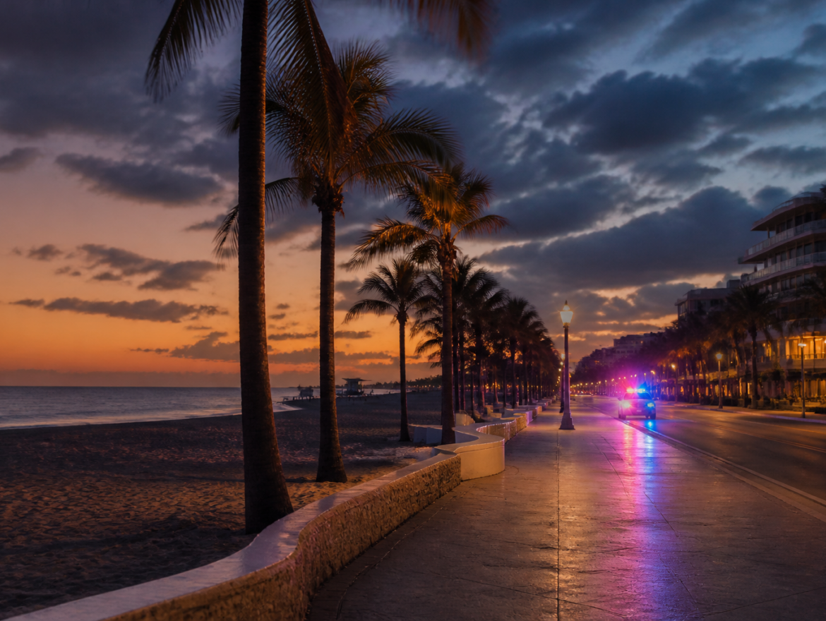 Miami Beach oceanfront and patrol lights after a drug crime arrest