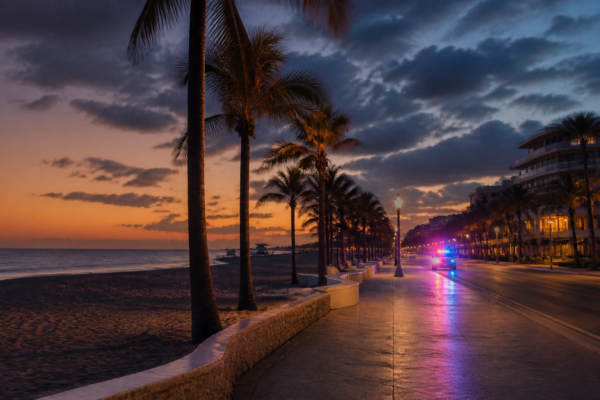 Miami Beach oceanfront and patrol lights after a drug crime arrest