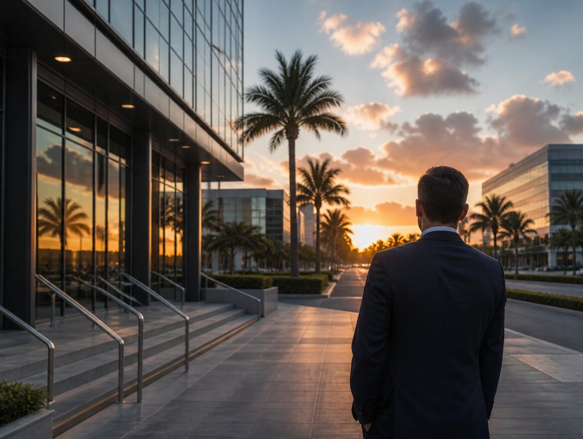 Person outside a Doral business district during a federal investigation