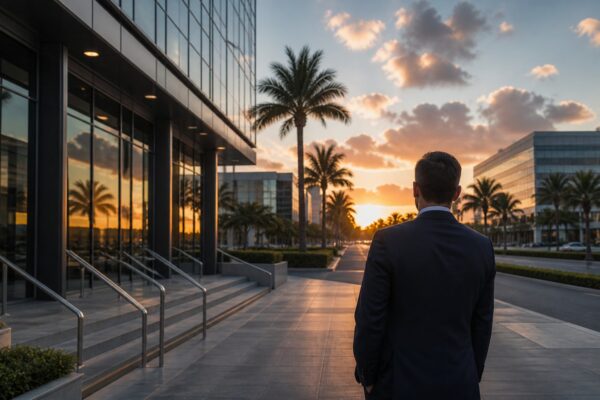 Person outside a Doral business district during a federal investigation