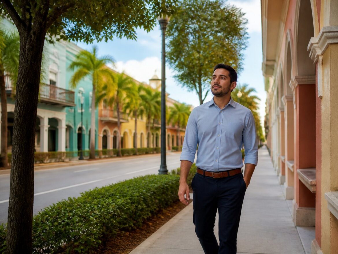 Person walking through a Hialeah neighborhood after criminal charges