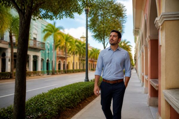 Person walking through a Hialeah neighborhood after criminal charges