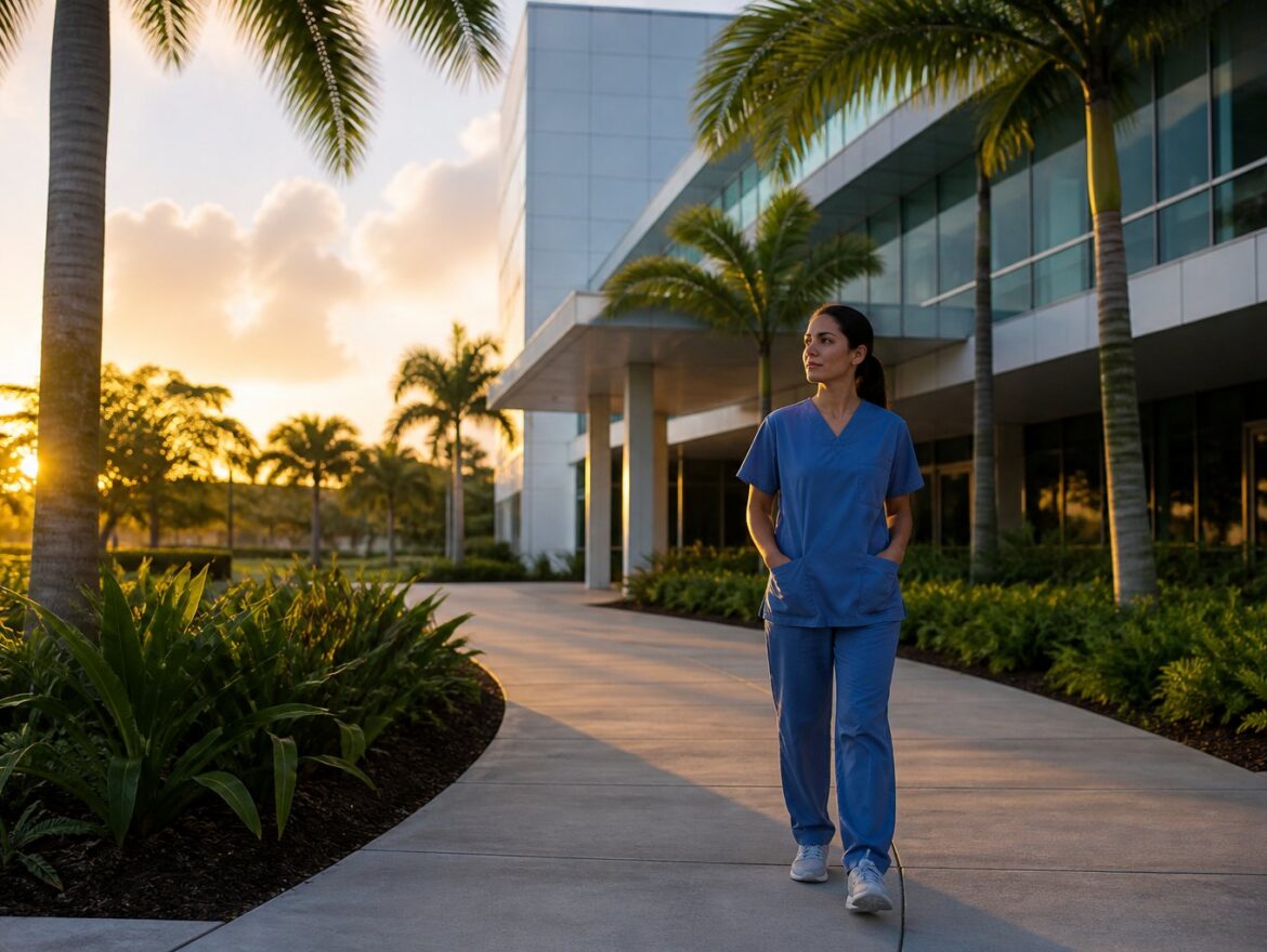 Healthcare professional outside a Kendall medical campus during an investigation