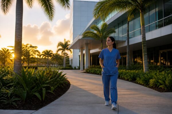 Healthcare professional outside a Kendall medical campus during an investigation