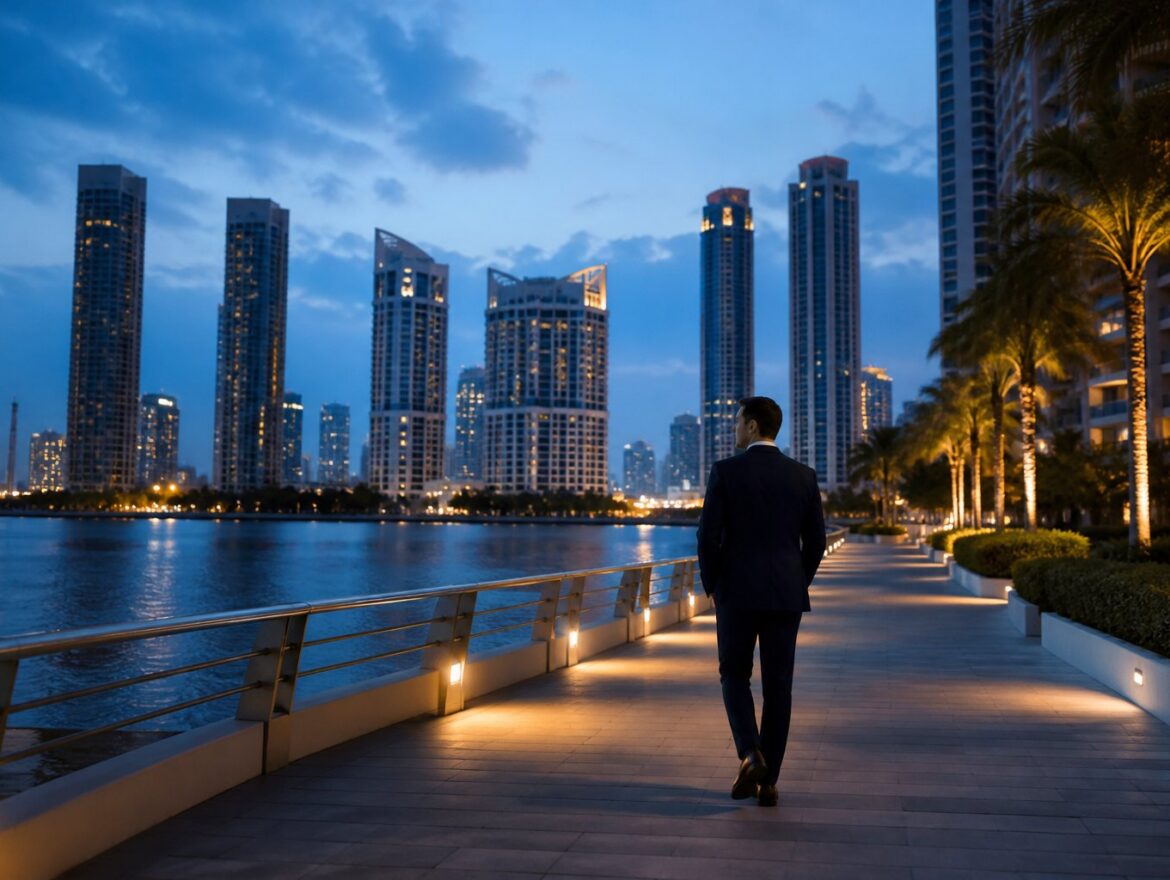Business professional walking near Aventura towers during a securities investigation