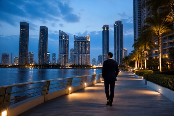 Business professional walking near Aventura towers during a securities investigation
