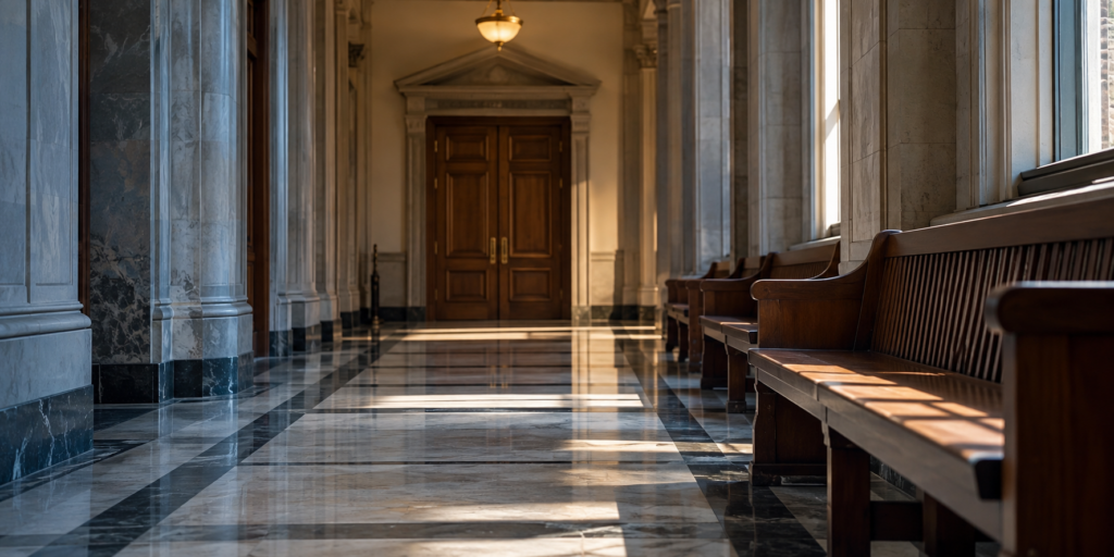 Federal courthouse corridor representing the stages of a criminal investigation