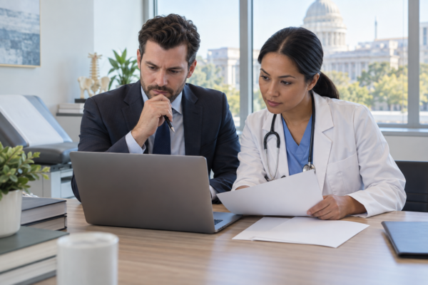 Attorney and healthcare professional preparing a Medicare fraud investigation