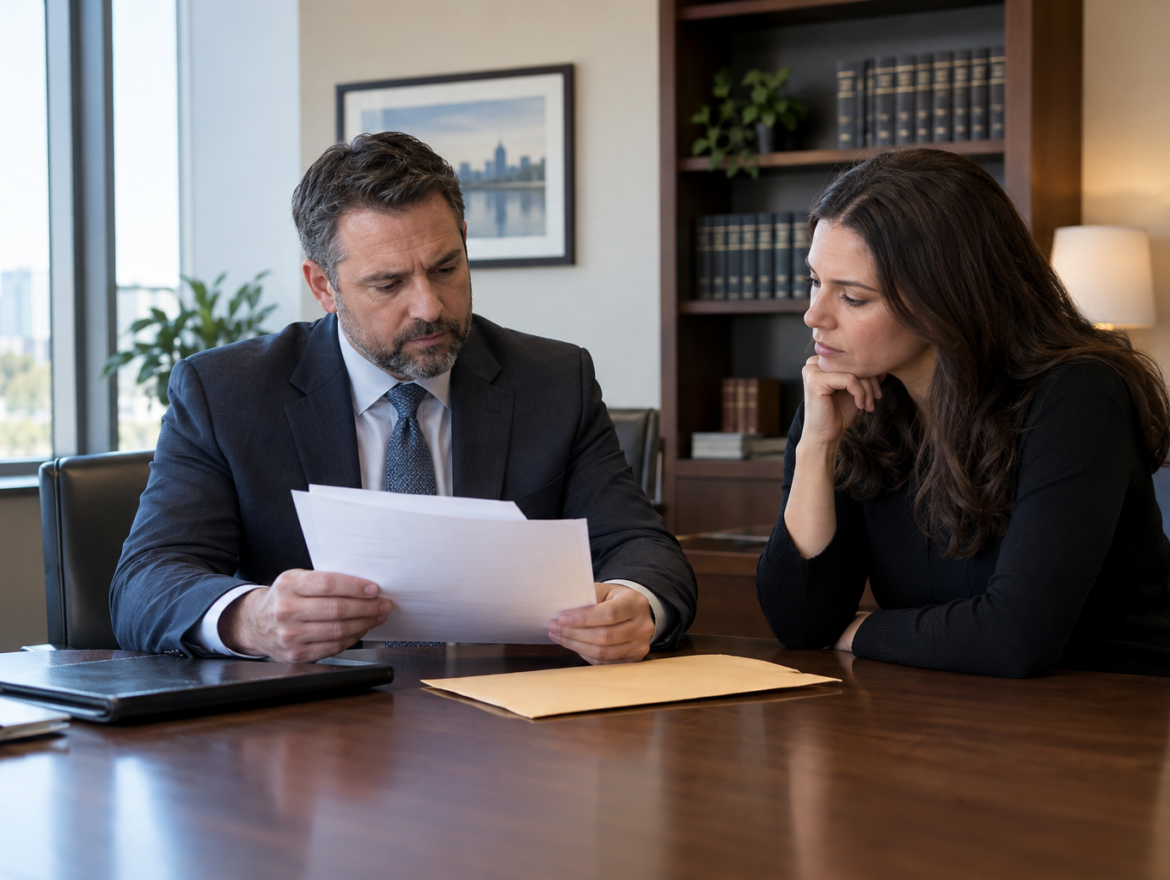 Attorney and client reviewing a federal target letter in a private office