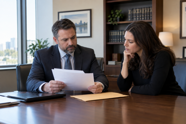 Attorney and client reviewing a federal target letter in a private office