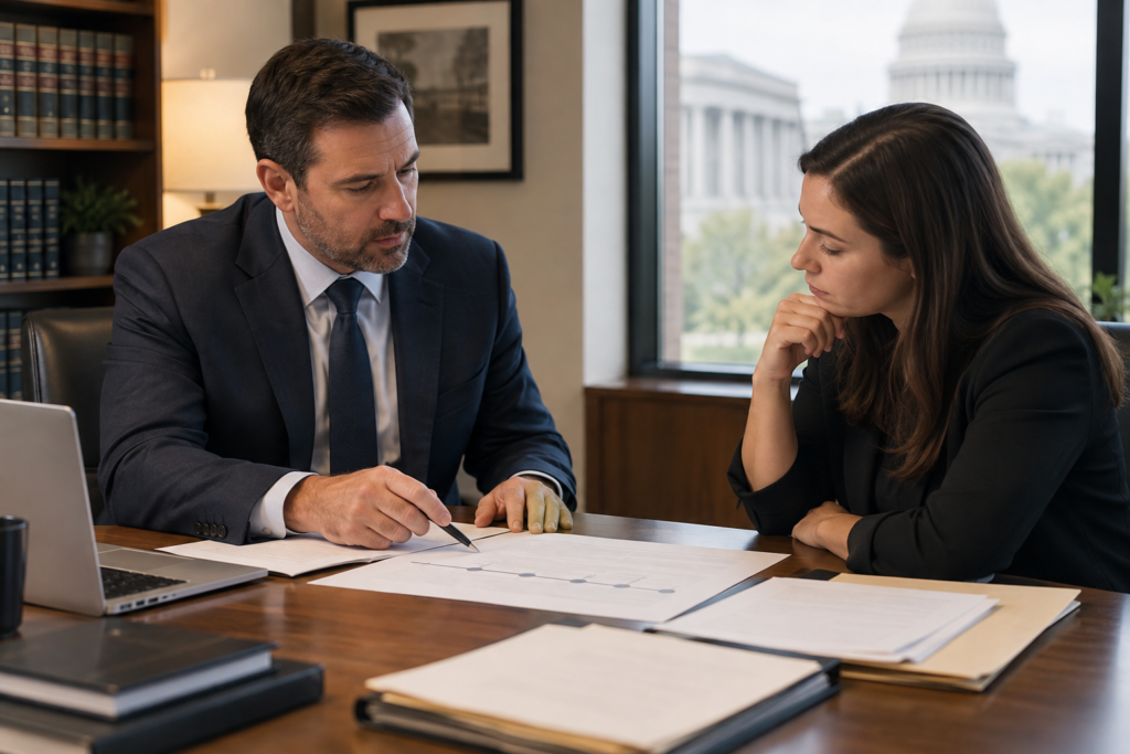 Defense attorney and client reviewing the timeline of a federal investigation