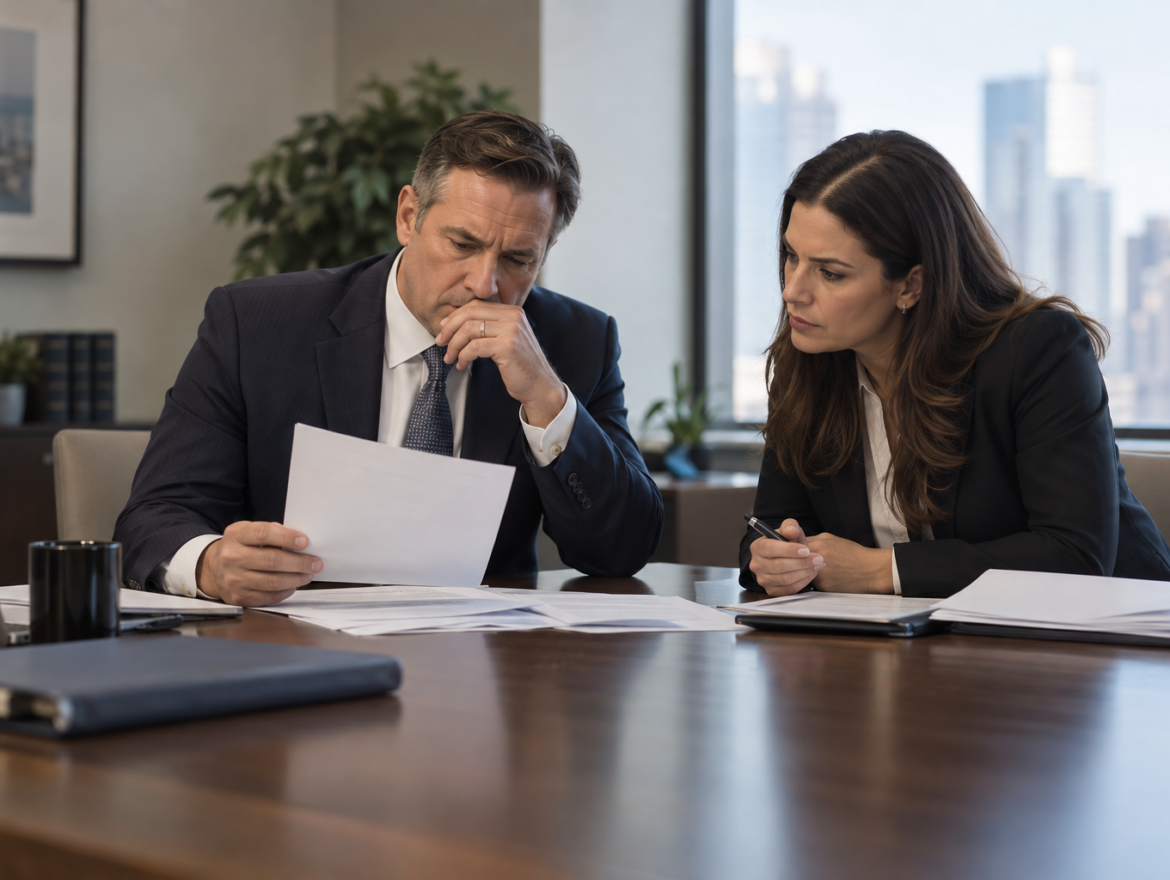 Attorney and financial professional reviewing an accusation and records