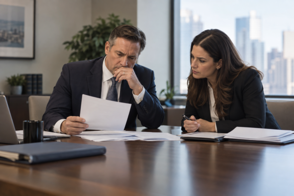 Attorney and financial professional reviewing an accusation and records