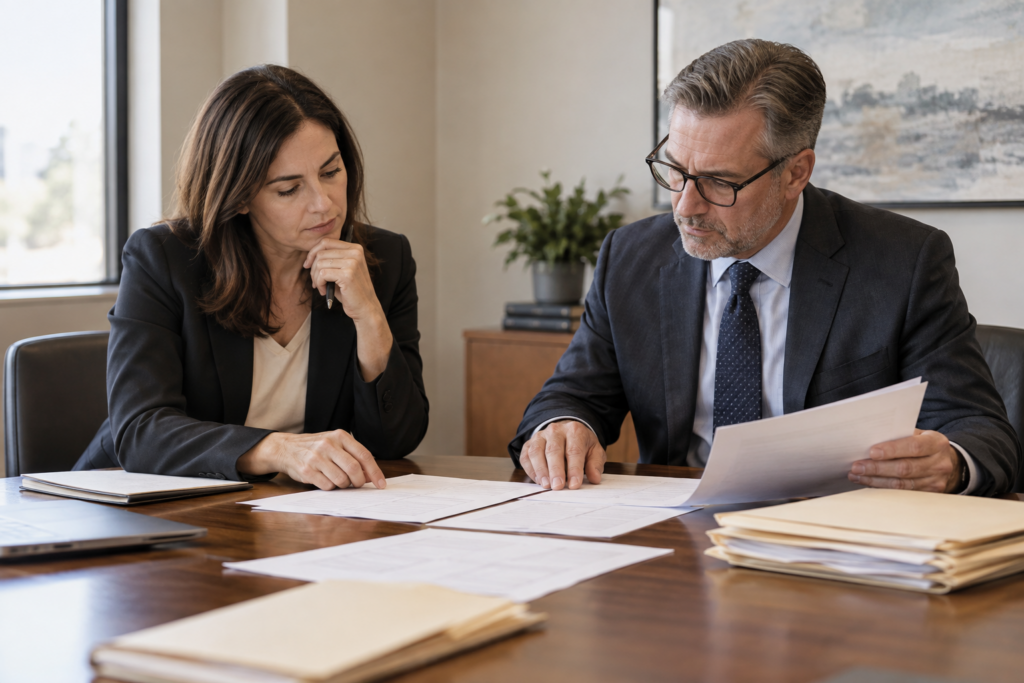 Attorney and financial professional reviewing the timeline of an accusation
