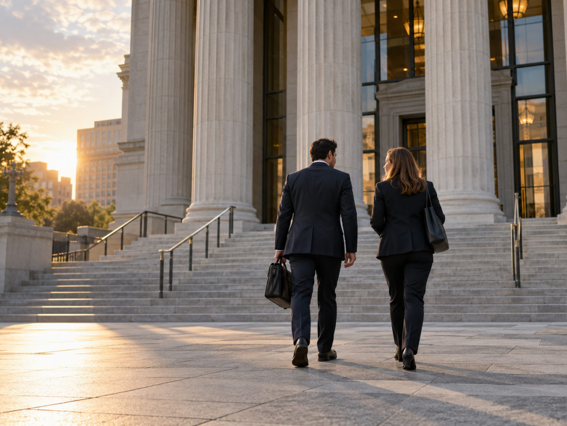 Defense attorney and client approaching a federal courthouse for a detention hearing